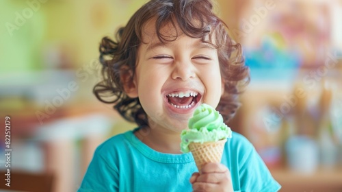 Laughing child with green ice cream cone indoors