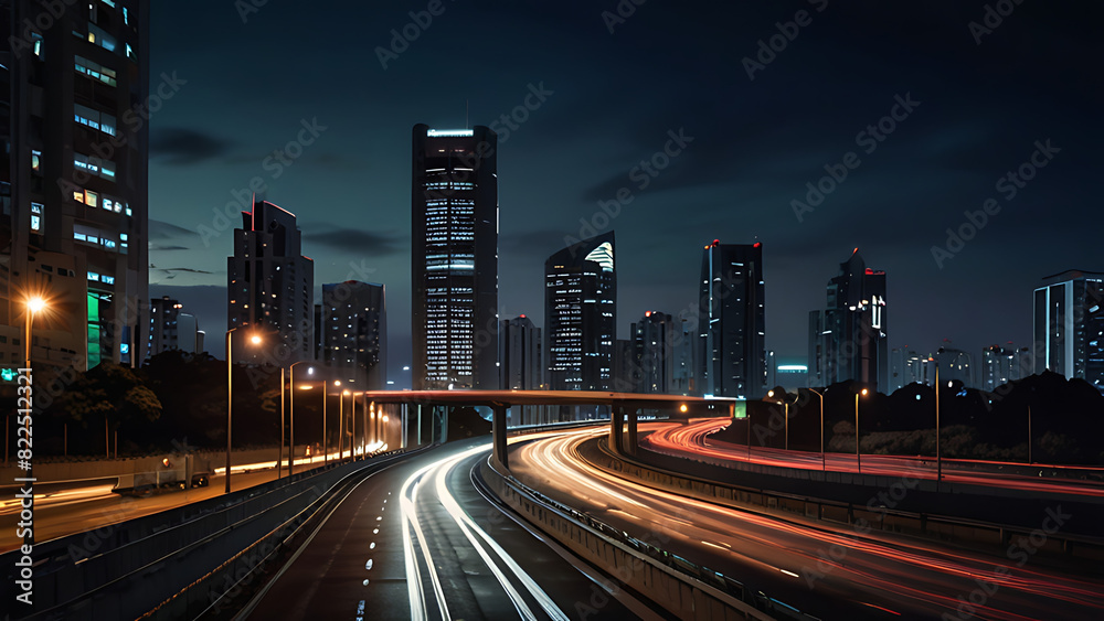 Light flow of traffic on a evening highway in a city with modern high buildings Background wallpaper.-generative AI Light flow of traffic on a evening highway in a city with modern high buildings Background wallpaper.-generative AI