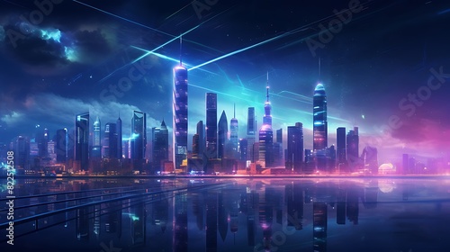 Panoramic view of a futuristic city with skyscrapers illuminated by neon lights at night 