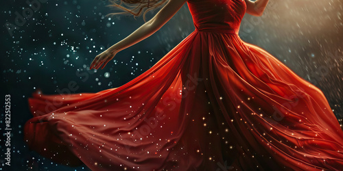 A woman wearing a flowing red dress dances beneath the stars, her movements fluid and graceful. photo