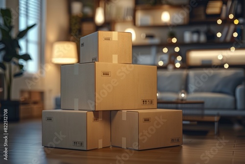 Warm Evening Living Room with Cozy Lighting, Cardboard Boxes, and Relaxed Atmosphere Creating a Serene and Comfortable Setting © Leo