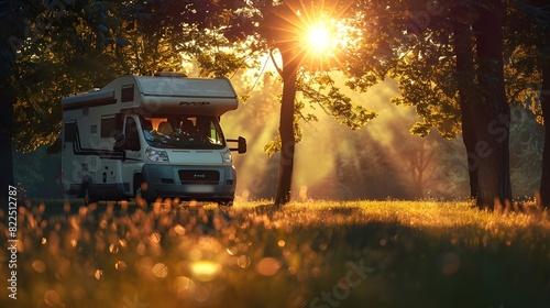 Camping on nature beach. Caravan recreational vehicle at sunrise on mediterranean coast in Spain. Vacation and travelling in motorhome.  photo