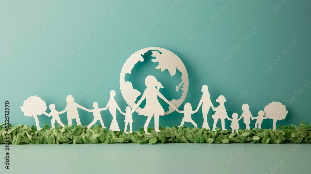 People family concept figures supporting earth, symbolizing global protection and happy life.