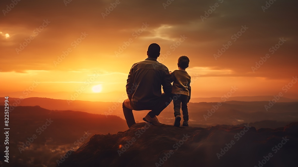 Fathers day. Back view of a little child boy sitting on his fathers shoulders holding hands and looking into the distance enjoying sunset. Father walking with son outdoors.