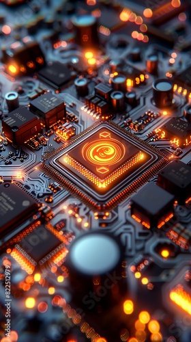 Close-up of a computer processor with glowing circuits.