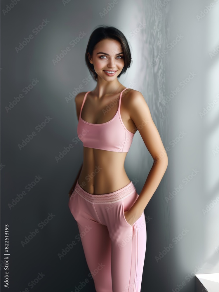 Young slim athletic brunette on a gray background. Active lifestyle, weight loss, motivation. Young slim athletic brunette on a gray background. Active lifestyle, weight loss, motivation.