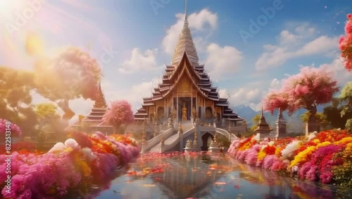 A majestic temple with intricate architecture sits peacefully by a serene pond, surrounded by vibrant flowers and lush greenery, evoking tranquility and spiritual harmony. photo