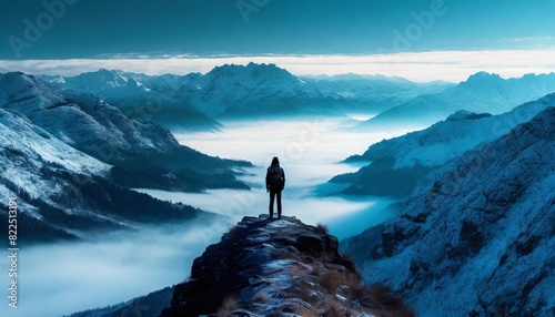 A solitary figure stands at the edge of the valley, contemplating its vastness. photo