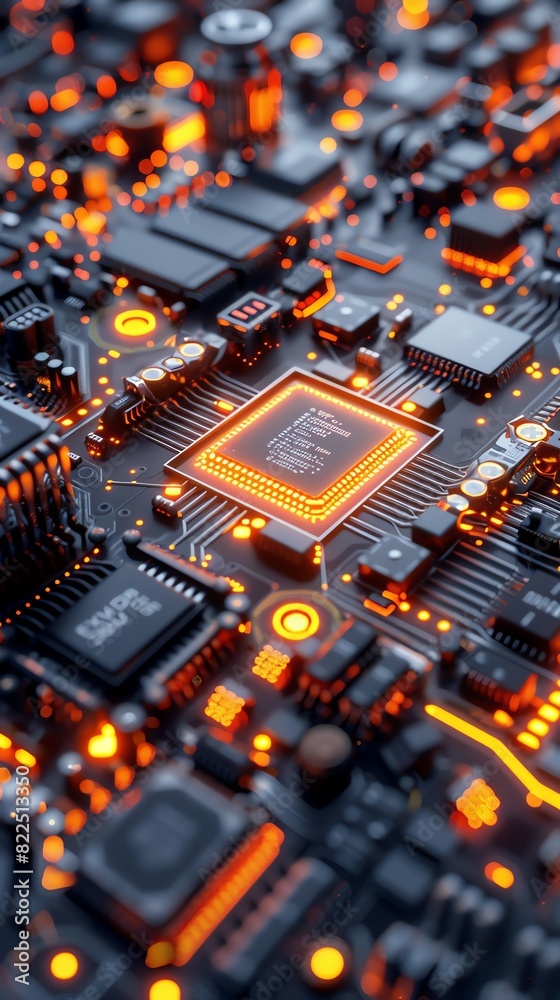 Closeup of a glowing circuit board with a central processor. Closeup of a glowing circuit board with a central processor.