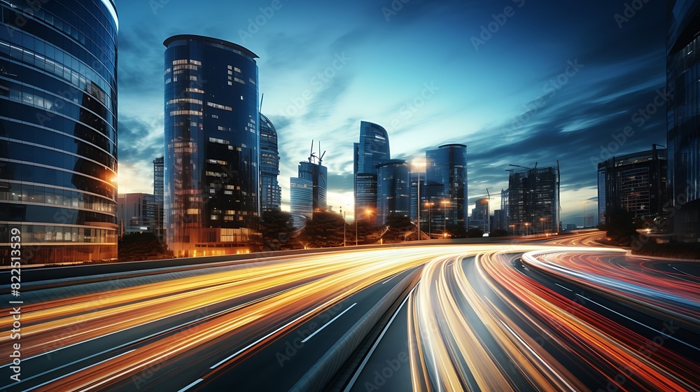 Fototapeta premium Light flow of traffic on a evening highway in a city with modern high buildings