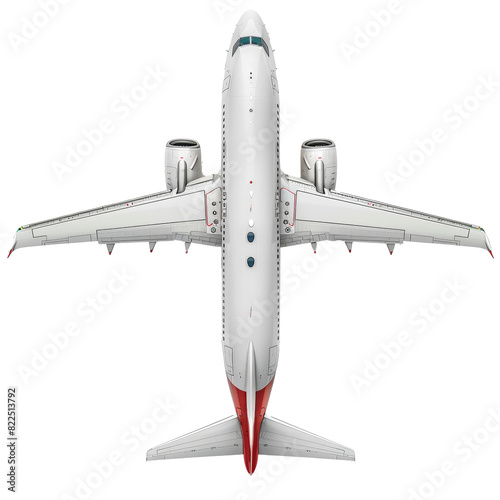 Top view of modern white airplane on transparent background, travel concept photo