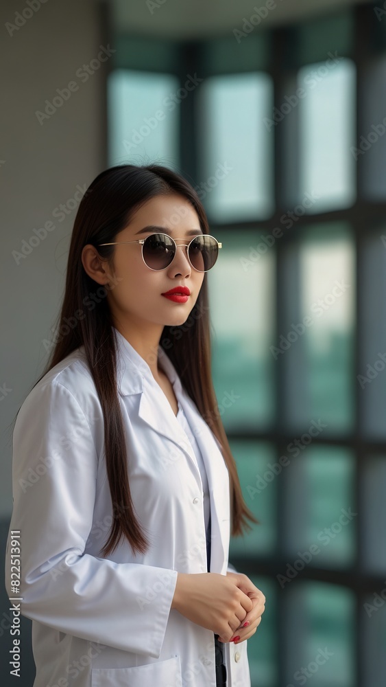 Potrait beautiful doctor asian woman wearing trendy sunglasses, wearing doctor costum Potrait beautiful doctor asian woman wearing trendy sunglasses, wearing doctor costum
