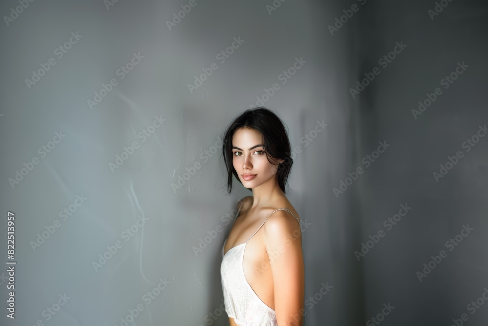Stylish young brunette woman smiling on a white background. Beauty and fashion. Style. Stylish young brunette woman smiling on a white background. Beauty and fashion. Style.