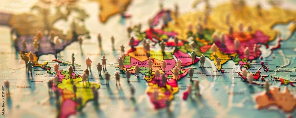 Miniature figurines on colorful world map. Selective focus. Global population and community concept