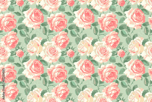 Wallpaper Mural Seamless pattern with pink roses on green background, perfect for romantic and elegant decorations Torontodigital.ca