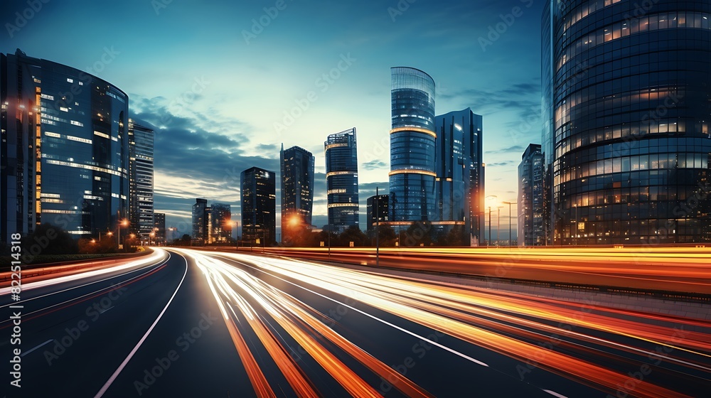 Fototapeta premium Light flow of traffic on a evening highway in a city with modern high buildings