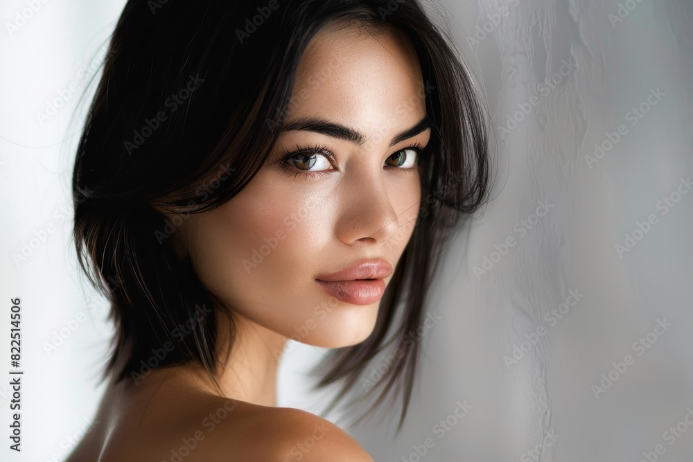 Young brunette on a gray background. Feminine beauty.