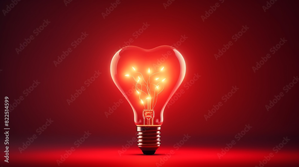 Light bulb with a heart shape glowing filament on a red background, Valentine day concept Light bulb with a heart shape glowing filament on a red background, Valentine day concept