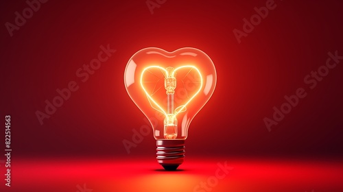 Light bulb with a heart shape glowing filament on a red background, Valentine day concept  photo