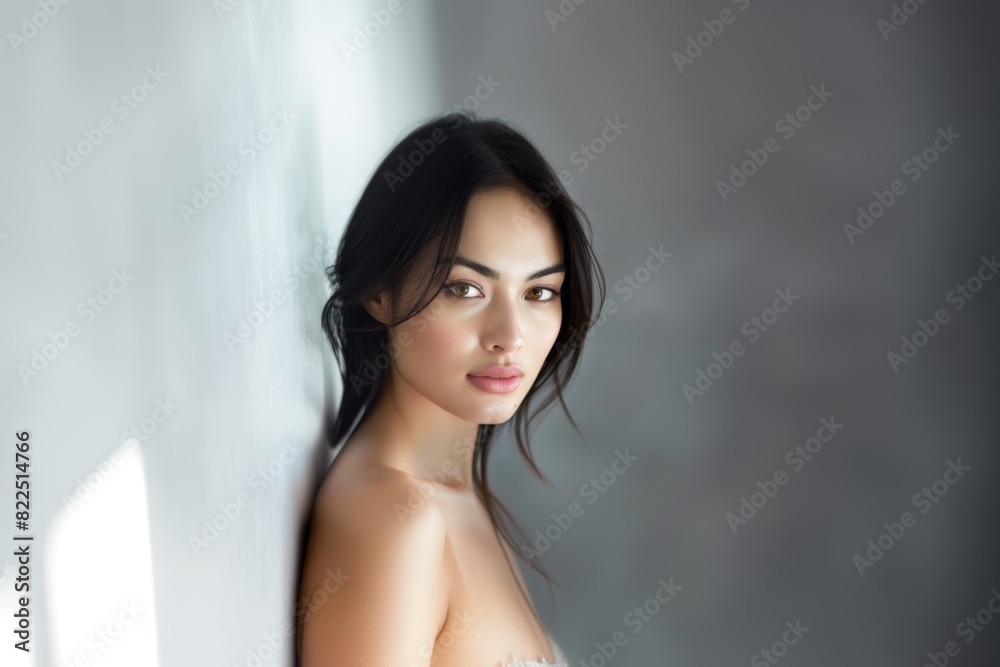 Young brunette on a gray background. Feminine beauty. Young brunette on a gray background. Feminine beauty.