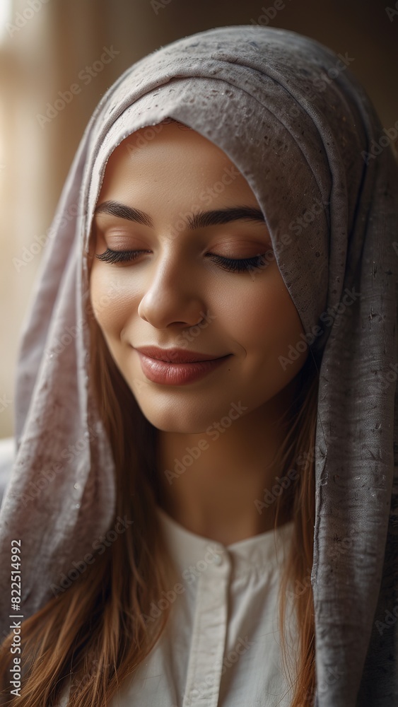 Portrait of beautiful smiling hijab woman with long hair and closed eyes, sunlight ray, beautiful hairstyle, different pose, blurred bedroom background Portrait of beautiful smiling hijab woman with long hair and closed eyes, sunlight ray, beautiful hairstyle, different pose, blurred bedroom background