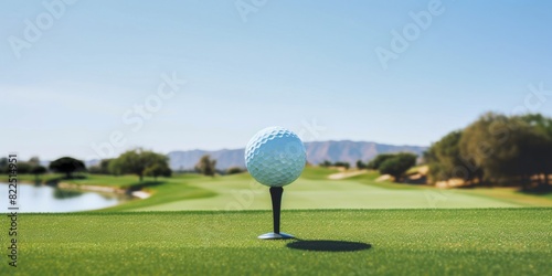 A golf ball perched on top of a tee ready for play. Golf tournament banner
