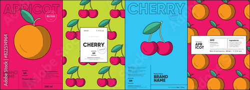 Set of labels, posters, and price tags features line art designs of fruits, specifically apricots and cherries, in a vibrant, minimalistic style