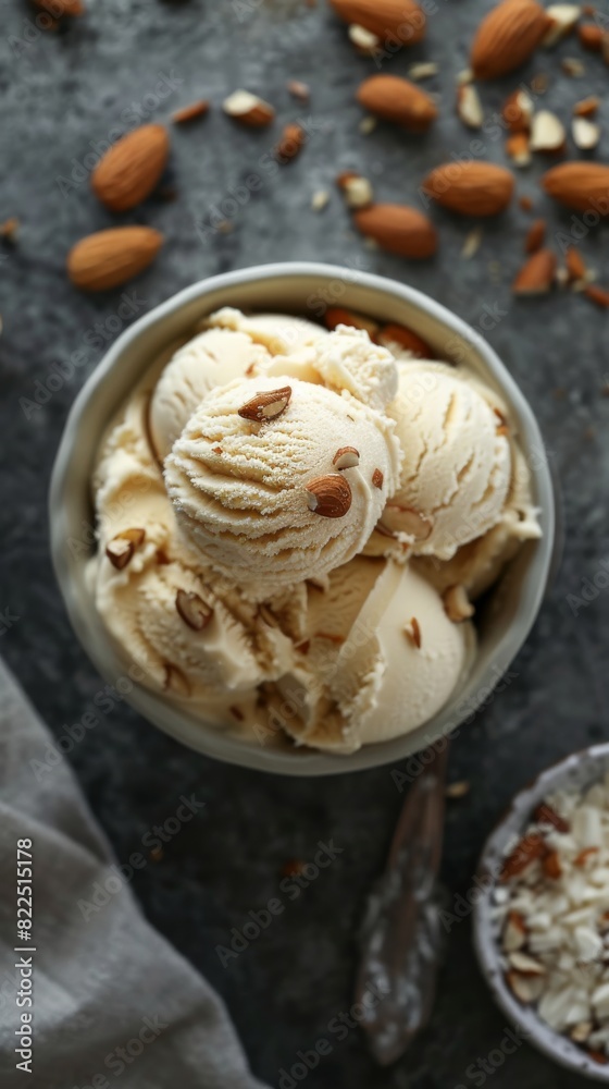 Top-down view of almond ice cream scoops in a bowl, surrounded by whole almonds and a spoon Top-down view of almond ice cream scoops in a bowl, surrounded by whole almonds and a spoon