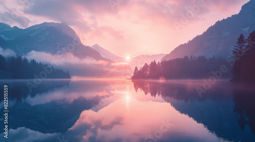 Tranquil Sunrise Over Alpine Lake with Mountain #822515559