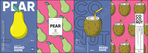 Set of labels, posters, and price tags features line art designs of fruits, specifically pears and coconuts, in a vibrant, minimalistic style.
