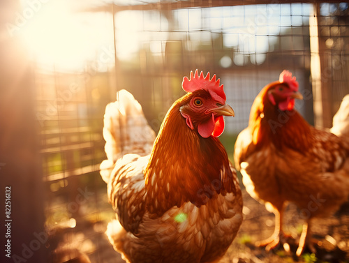 Close up of free cage chicken hens outdoors in the backyard farm