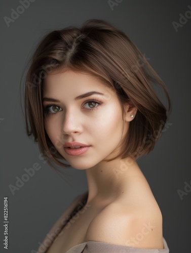 Young brunette with a bob hairstyle. Feminine beauty.