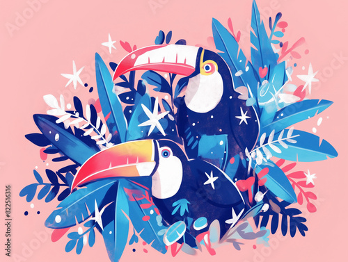 Personagem fofo - tucano e plantas azuis e estrelas brancas em fundo rosa pastel em estilo de impressão photo