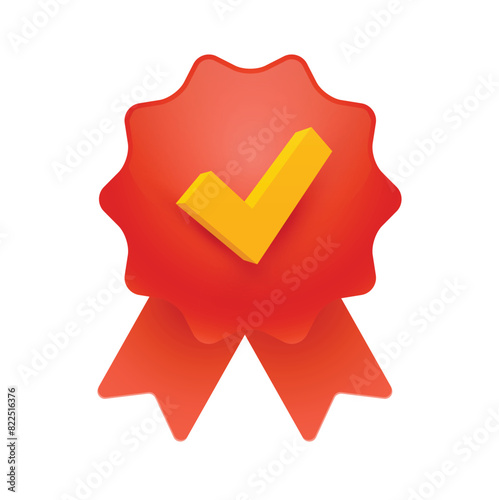 Red Ribbon Badge With Yellow Check Mark Signifying Achievement and Validation. Vector Illustration.