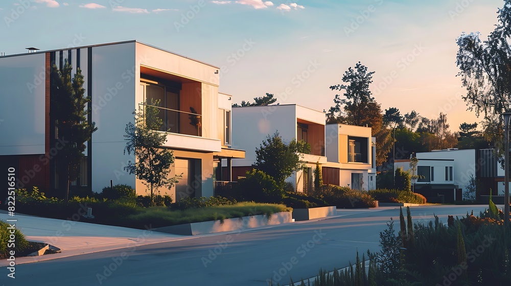 Minimalist architecture, A row of sleek, geometric houses bathed in the golden glow of sunset. Focus on clean lines and modern design
