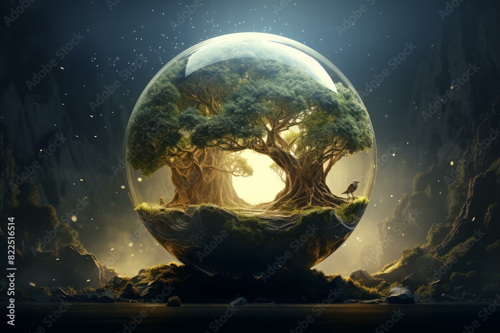 Magical globe enclosing an ancient tree sits in a mystical, starlit landscape