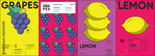 Set of labels, posters, and price tags features line art designs of fruits, specifically grapes and lemons, in a vibrant, minimalistic style. photo