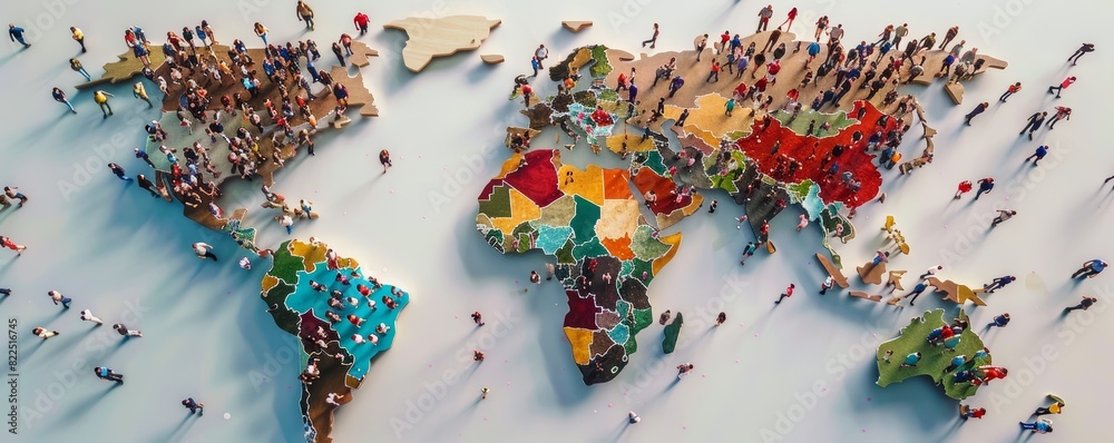 People gathered on a colorful world map. Aerial view photography
