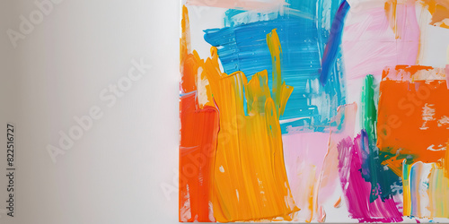 A child's colorful painting hangs on a white wall, brushstrokes telling a story of vibrant imagination photo