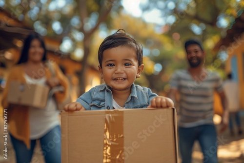 Woman and Child Carrying Cardboard Boxes During Autumn Move, Smiling Family Relocation with Vibrant Outdoor Setting and Sunny Day © Leo