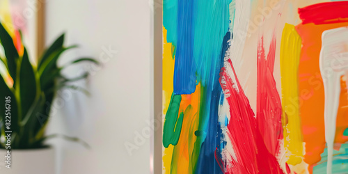 A child's colorful painting hangs on a white wall, brushstrokes telling a story of vibrant imagination