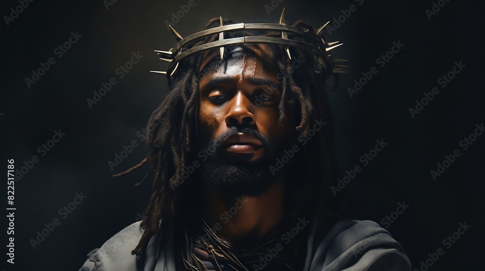 Portrait of black Jesus Christ with crown of thorns on his head. Photorealistic portrait.
