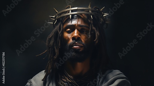 Portrait of black Jesus Christ with crown of thorns on his head. Photorealistic portrait.