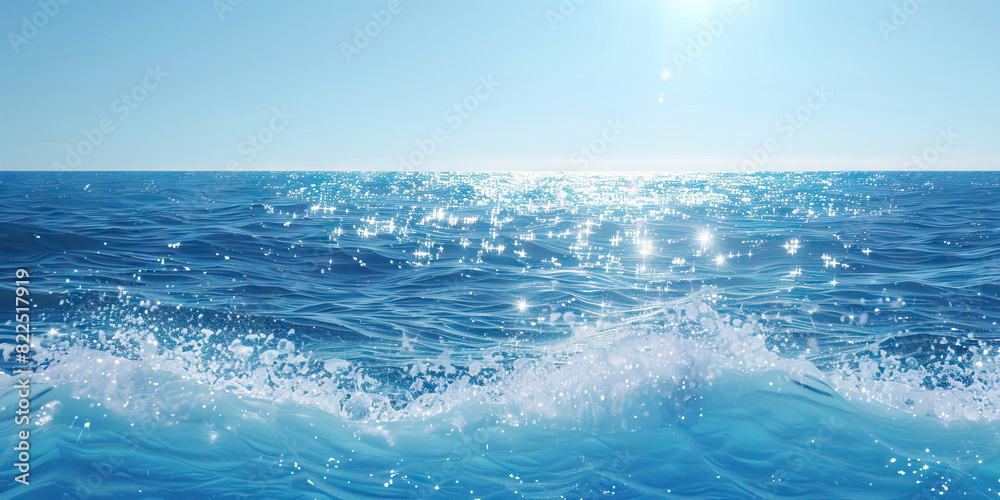 Fototapeta premium A sparkling blue ocean stretches endlessly towards the horizon, waves crashing against the shore