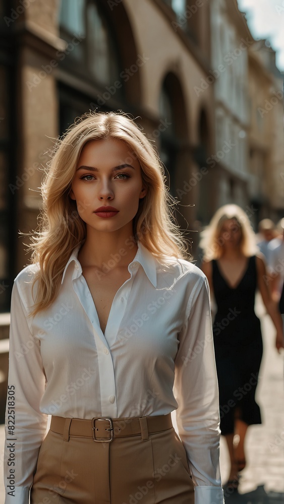 Confident and attractive blonde women, dressed in classic strict clothes, walk down a sunny city street Confident and attractive blonde women, dressed in classic strict clothes, walk down a sunny city street