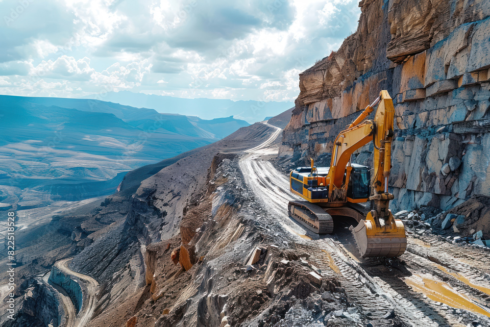 A yellow excavator drives along a narrow road on a mountain of a stone quarry A yellow excavator drives along a narrow road on a mountain of a stone quarry