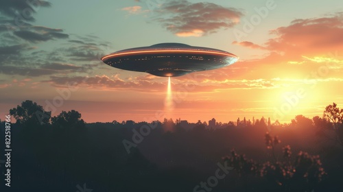 UFO hovering above forest at sunset. Extraterrestrial spacecraft with beam of light.