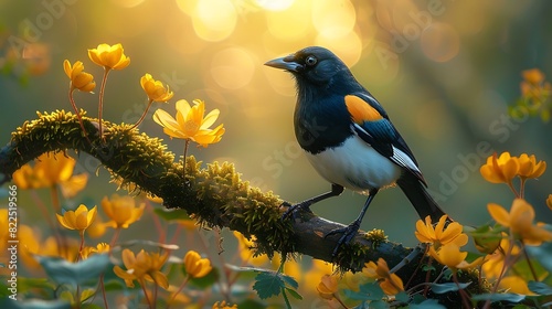  A striking magpie perched on a moss-covered branch in a dense forest, its iridescent feathers shimmering in the filtered sunlight © Muhammad
