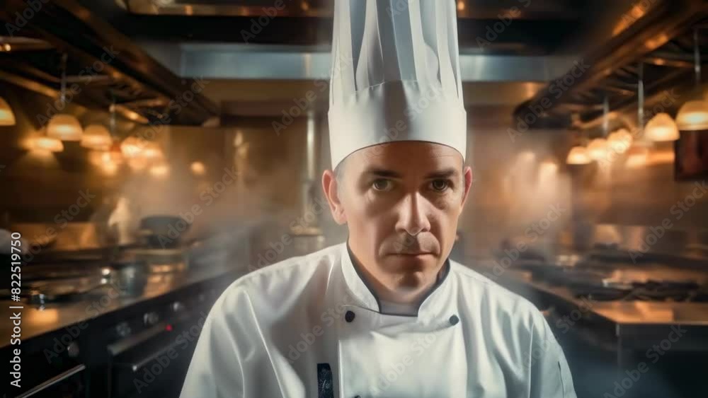 A stern chef in a busy kitchen, amidst pots and pans, embodies dedication and passion. The atmosphere is filled with culinary creativity, precision, and teamwork A stern chef in a busy kitchen, amidst pots and pans, embodies dedication and passion. The atmosphere is filled with culinary creativity, precision, and teamwork