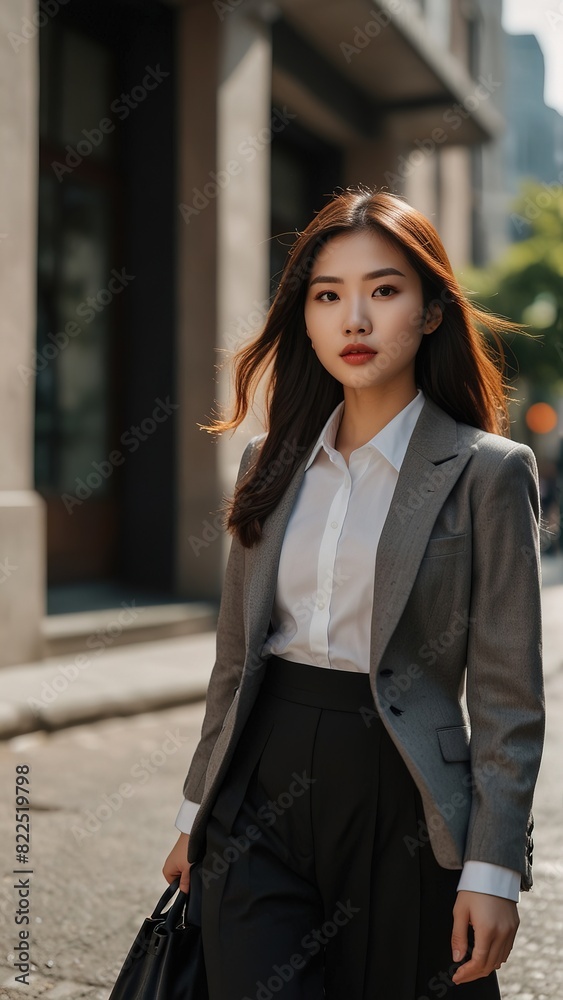 Confident and attractive asian women, dressed in classic strict clothes, walk down a sunny city street Confident and attractive asian women, dressed in classic strict clothes, walk down a sunny city street
